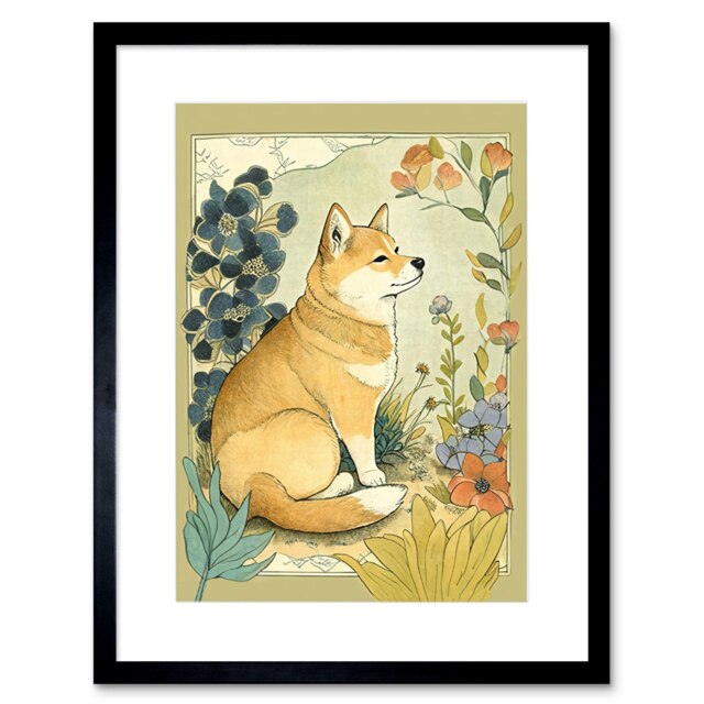 "Shiba Inu Dog Flower Field Modern Pastel Watercolour 9x7"" Black Framed Wall Art Print"