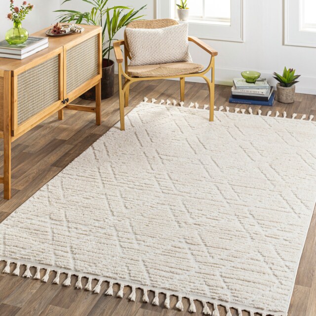 LIVABLISS Nora-Geometric High Pile Fringe Rug 160 x 213 cm Grey Ivory
