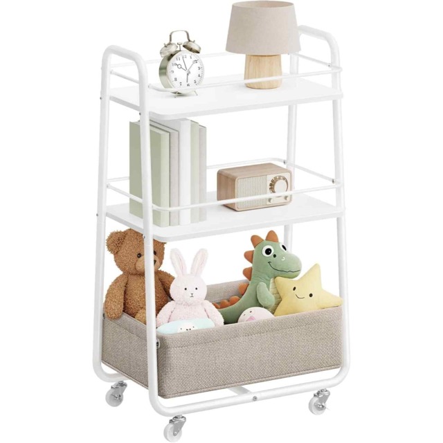 Rolling Storage Cart with Fabric Basket, 3-Tier Utility Trolley for Kitchen, Living Room and Bedroom, Cloud White and Camel Brown