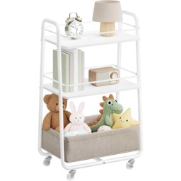 Rolling Storage Cart with Fabric Basket, 3-Tier Utility Trolley for Kitchen, Living Room and Bedroom, Cloud White and Camel Brown