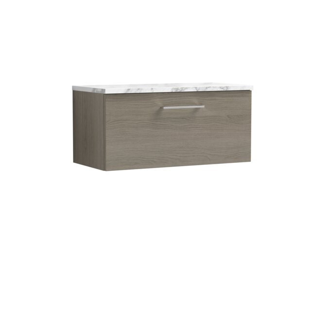 Balterley Level Wall Hung Single Drawer Vanity Unit with Laminate Worktop for Stylish Compact Bathroom Storage Brown Grey Vicenza Oak