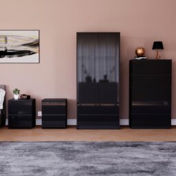 Vida Designs Glinton 4 Piece FSC Certified Bedroom Set (2 Drawer Bedside Chest x2, 5 Drawer Chest, 2 Door 2 Drawer Wardrobe), Black Black Black L 4