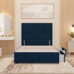 Divan Bed Base with 2 Drawers & Plain Floor Standing Headboard Plush Velvet Blue Navy