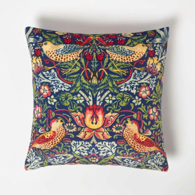 Homescapes Navy William Morris Strawberry Thief Velvet Cushion - 45 x 45 cm Blue Navy 1