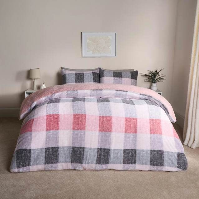OHS Gingham Check Soft Warm Teddy Fleece Duvet Cover and Pillowcase Set, Double - Blush Pink