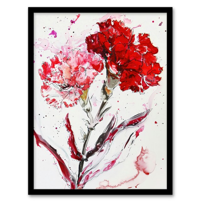 Red Carnation Flower Abstract Watercolour Black Framed Wall Art Print A4
