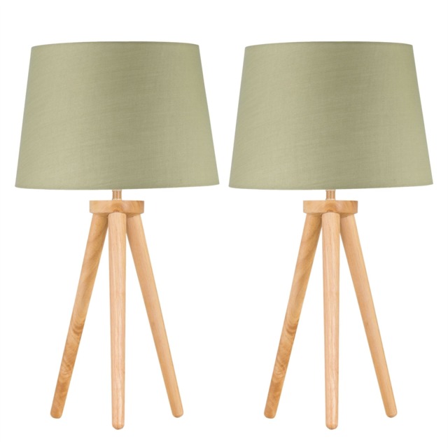 Set of 2 Light Oak Table Lamp or Bedside Lights with Sage Green Shades Brown Green Large 2