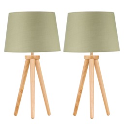 Set of 2 Light Oak Table Lamp or Bedside Lights with Sage Green Shades Brown Green Large 2