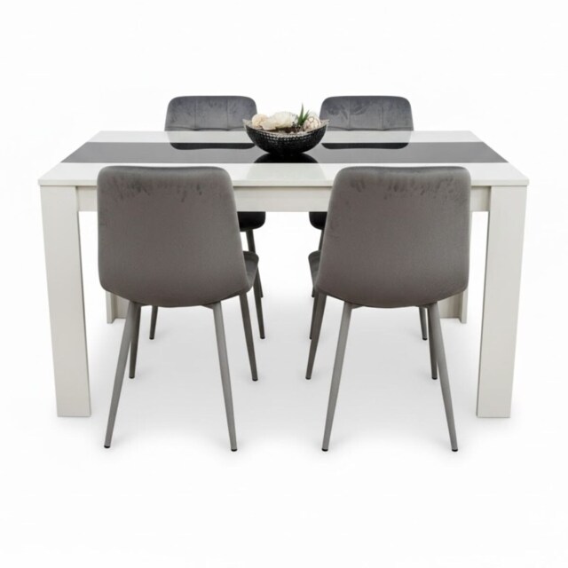 Kitchen Dining Table Set Of 4 Wooden Table Grey Velvet Tufted Chairs White Black Table