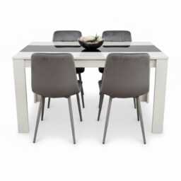 Kitchen Dining Table Set Of 4 Wooden Table Grey Velvet Tufted Chairs White Black Table