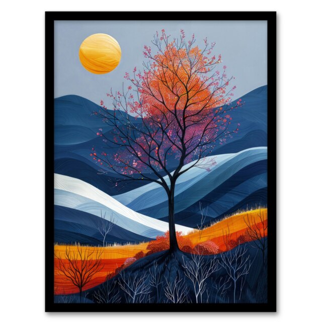 Moon Autumn Tree Scottish Hills Home Decor Black Framed Wall Art Print A4
