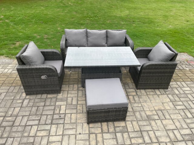 Fimous 6 Seater Rattan Outdoor Garden Furniture Sets Height Adjustable Rising lifting Dining Table Lounge Sofa Set With Big Footstool Dark Grey Mixed