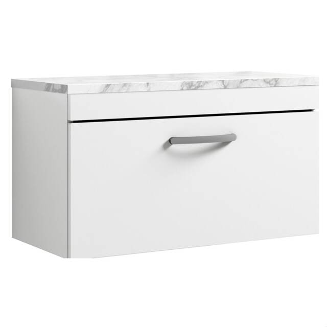 Balterley Millwich Contemporary 1 Drawer Wall Hung Vanity Unit with Laminate Carrara Marble Worktop, Gloss White, 800mm