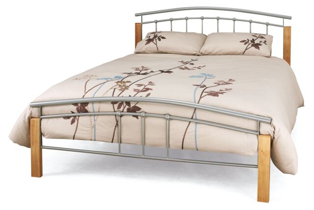 5ft King Size Silver metal tubular bed frame, beech wood finish corner posts.Strong sturdy frame bedstead base Multi Silver & Beech King