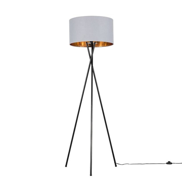 ValueLights Camden Black Tripod Floor Lamp Grey Gold Shade
