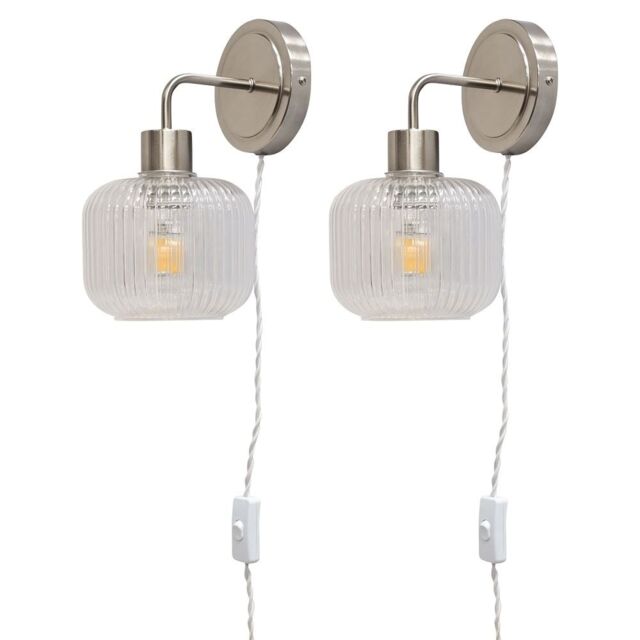 Set of 2 Toby - Satin Nickel Plug in Wall Lights Barrel Ribbed Glass