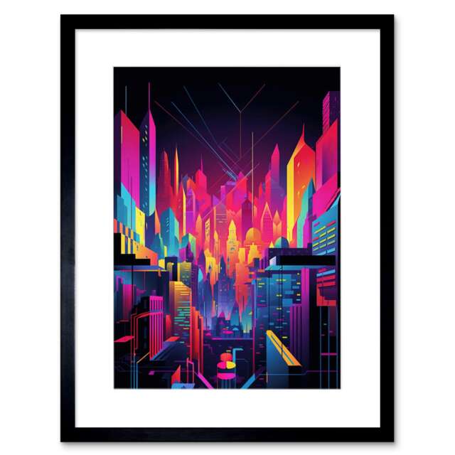 "Neon Light Colour Abstract Metropolis Cityscape at Night 9x7"" Black Framed Wall Art Print"