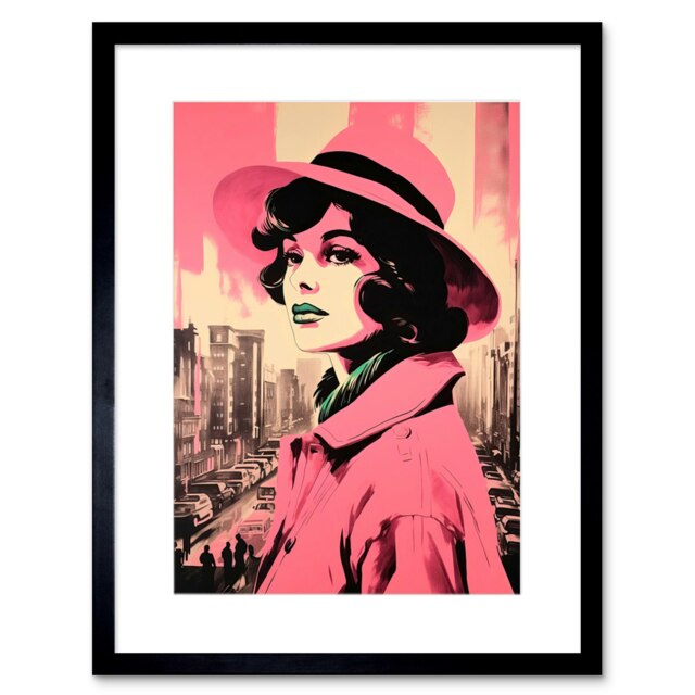 "Retro Aesthetic Vintage Fashion Pink Cityscape 9x7"" Black Framed Wall Art Print"