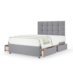 Super Ortho Orthopaedic Silver Plush Velvet 4 Drawer Divan Set And Pearl Headboard Small Double