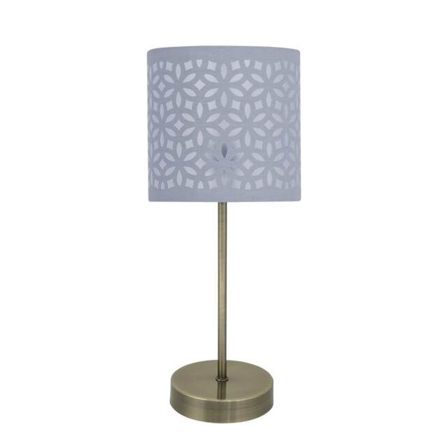 Antique Brass Stick Table Lamp with Grey Laser Cut Shade