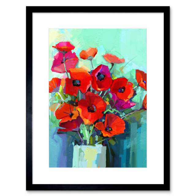 "Red Poppy Flower Bouquet Vase Floral Still Life 9x7"" Black Framed Wall Art Print"