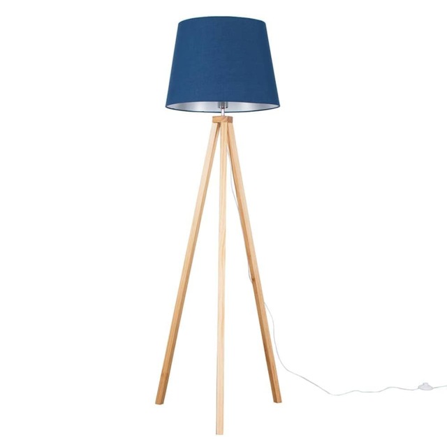 ValueLights Barbro Light Wood Tripod Floor Lamp Navy Taper Shade