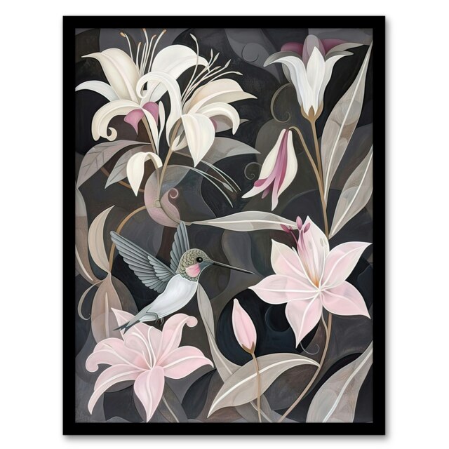 Lily Flowers Hummingbird Stylised Living Room Black Framed Wall Art Print A4