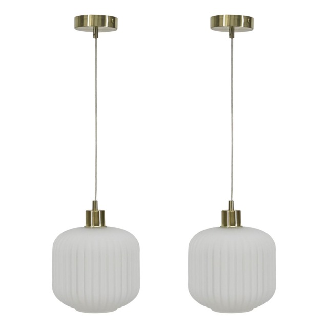 Set of 2 Bento - White Ribbed Glass with Satin Brass Pendant Fittings White White 2