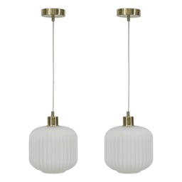 Set of 2 Bento - White Ribbed Glass with Satin Brass Pendant Fittings White White 2