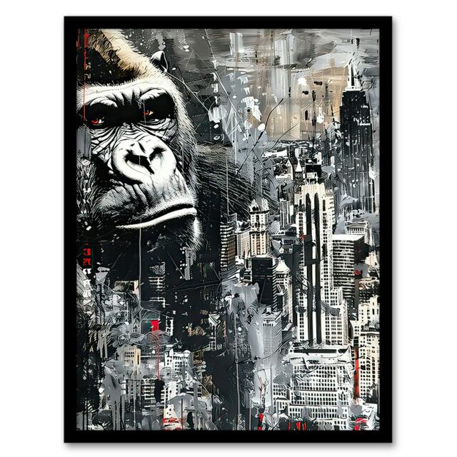 King Kong New York Skyline Oil Living Room Black Framed Wall Art Print A4