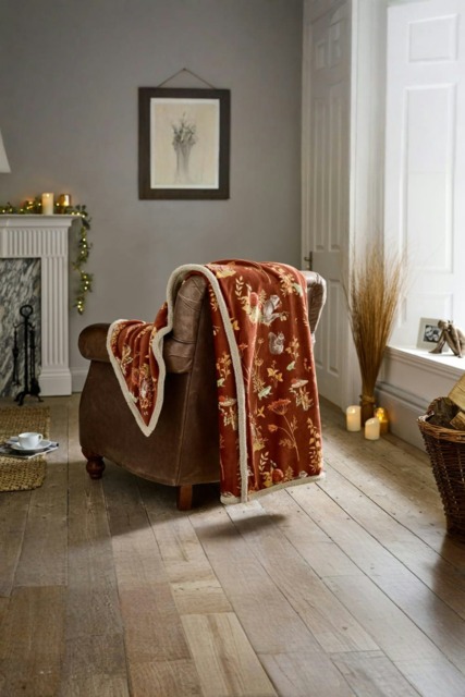 Autumnal Woodland Throw – Sherpa Blanket Showcasing Forest Animals & Foliage 130x170cm Multi Rust 1
