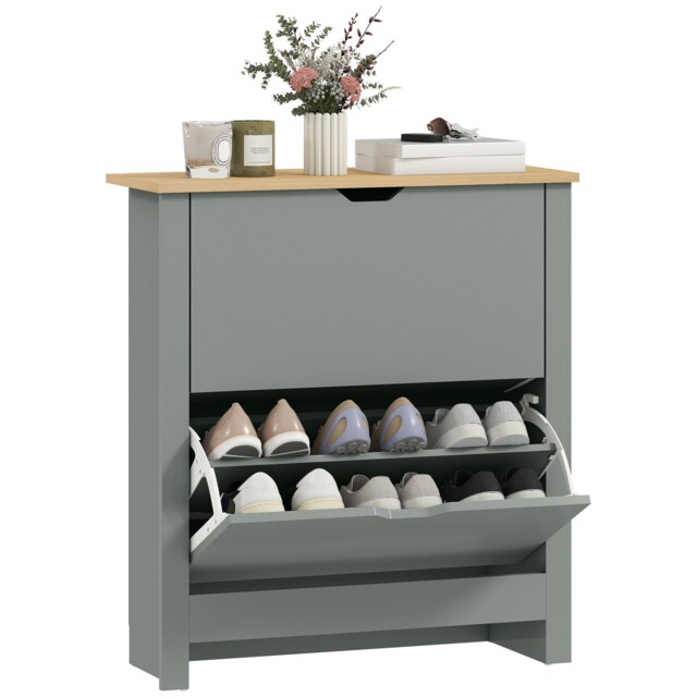 HOMCOM 12-Shoe Storage Cabinet 4 Shelves 2 Drawers Tabletop Grey