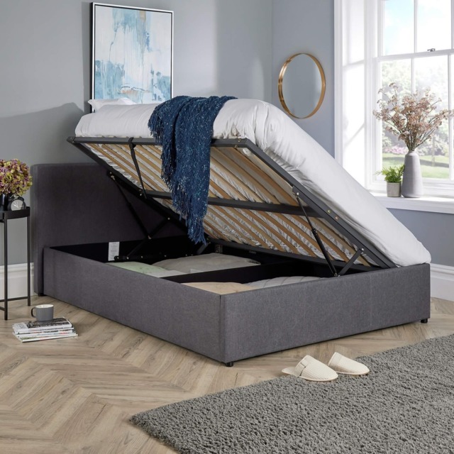 Ottoman Side Lift Storage Bed Double Hopsack Fabric Bed Frame Gas Lift Furniture
