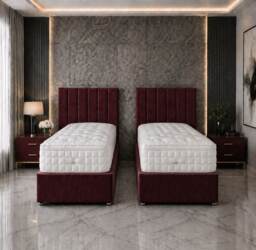 6ft Superking Zip Link 6x3 Length Maroon Plush Divan Bed Full Set 4 Drawers