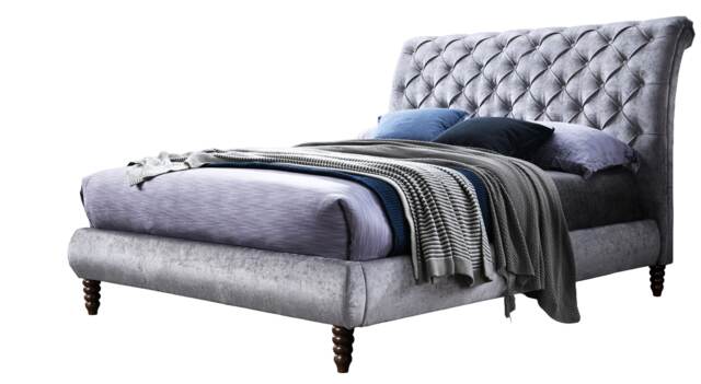 5ft King Size Grey Crushed Velvet Fabric Scroll Sleigh Chesterfield Button Back Fabric Upholstered Bed Frame Grey King