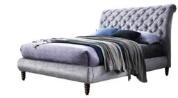 5ft King Size Grey Crushed Velvet Fabric Scroll Sleigh Chesterfield Button Back Fabric Upholstered Bed Frame Grey King
