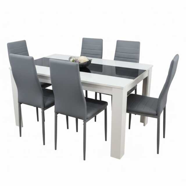 Modern White and Black Wood Dining Table With 6 Grey Faux Leather Metal Chairs