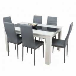 Modern White and Black Wood Dining Table With 6 Grey Faux Leather Metal Chairs