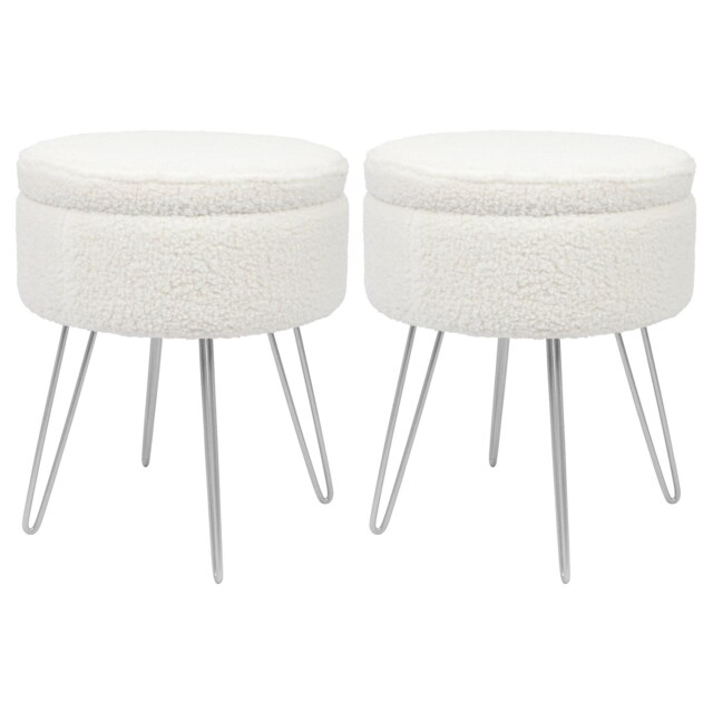 Harbour Housewares 2x Boucle Storage Footstools - Round Modern Dressing Table Footstool Vanity Seat Chairs - 46 x 37cm Silver Legs Silver Cream/Silver Pack of 2 2