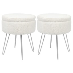 Harbour Housewares 2x Boucle Storage Footstools - Round Modern Dressing Table Footstool Vanity Seat Chairs - 46 x 37cm Silver Legs Silver Cream/Silver Pack of 2 2