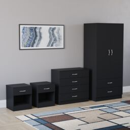 Vida Designs Riano 4 Piece Bedroom Set (2x 1 Drawer Bedside Chest, 4 Drawer Chest, 2 Door 2 Drawer Wardrobe) - Black