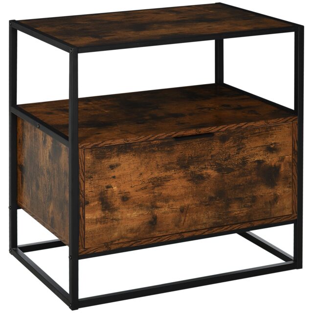 HOMCOM Industrial-Style Side Table with Drawer Open Shelf Steel Frame Large Base Two-Tone Retro Stylish Home Furniture Bedroom Living Room Black