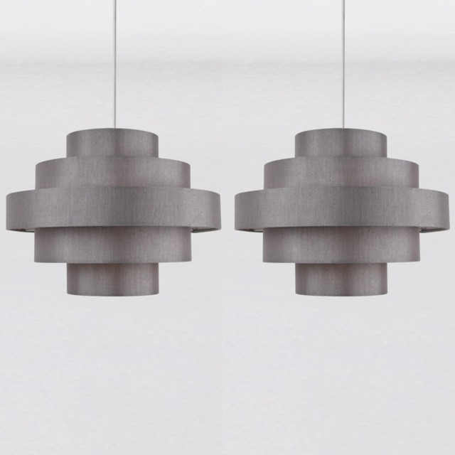 Set of 2 Silver Grey Faux Silk 5 Tier Light Shades
