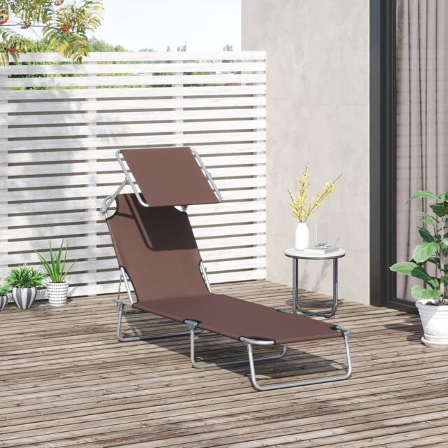 Outsunny Garden Folding Chair Sun Lounger Bed Outdoor Recliner Seat w/ Sunshade Brown
