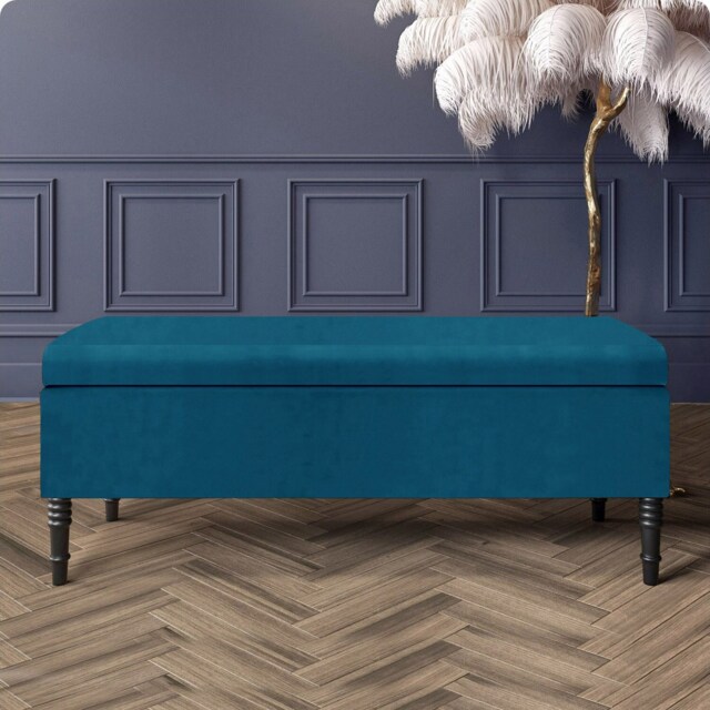 Paris Plain 137cm Ottoman Storage Bench - Plush Velvet Shoe Bench - Emerald Green Upholstery Footstool with Storage