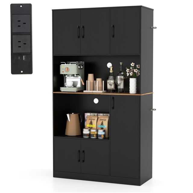 COSTWAY 180 cm Tall Pantry Cabinet with Power Outle Black
