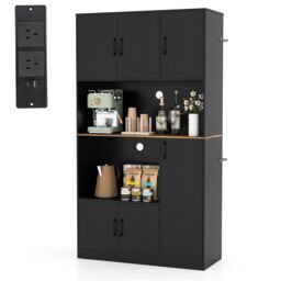 COSTWAY 180 cm Tall Pantry Cabinet with Power Outle Black