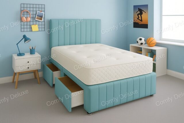 Sky Blue Plush 4ft6 Double Divan Bed Set Headboard & Footboard - 2 Drawers Right Side Laying in Bed