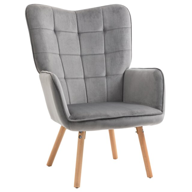 HOMCOM Modern Accent Chair, Upholstered Tufted Wingback Armchair with Seat Padding, Velvet Leisure Lounge Bedroom Chair with Wood Legs, Grey