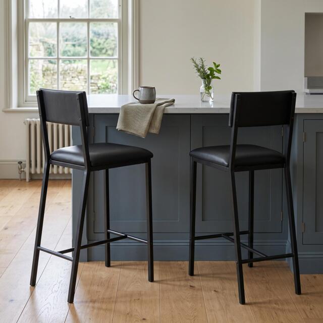 Set of 2 Bar Stools Faux Leather Counter Height Bar Chairs with Sturdy Metal Legs (W)40cm (D)40cm (H)93cm - Black